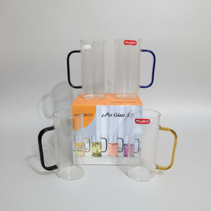 WELLDECO 4-Piece Colored Handle Glass Mug Set