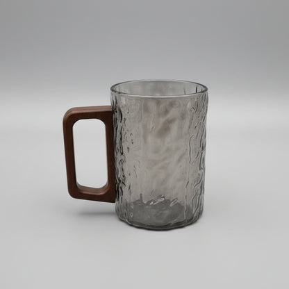 Textured Glass Coffee Mug with Wooden Handle (Smoky Black & Amber Gold)