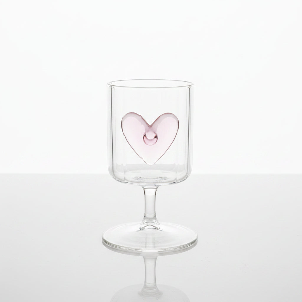 Pink Heart Embossed Stemmed Glass Cup (Ribbed Design)