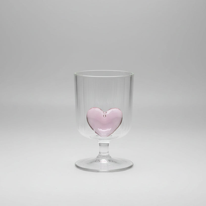 Pink Heart Embossed Stemmed Glass Cup (Ribbed Design)