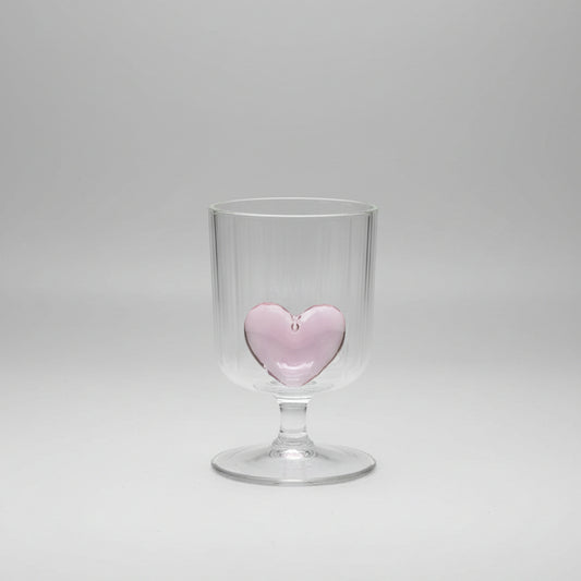 Pink Heart Embossed Stemmed Glass Cup (Ribbed Design)