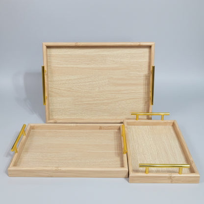 3-Piece Wooden Serving Tray Set with Metallic Gold Handles