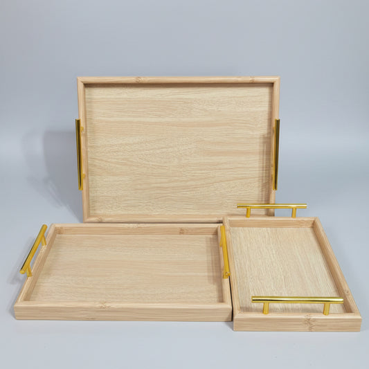 3-Piece Wooden Serving Tray Set with Metallic Gold Handles