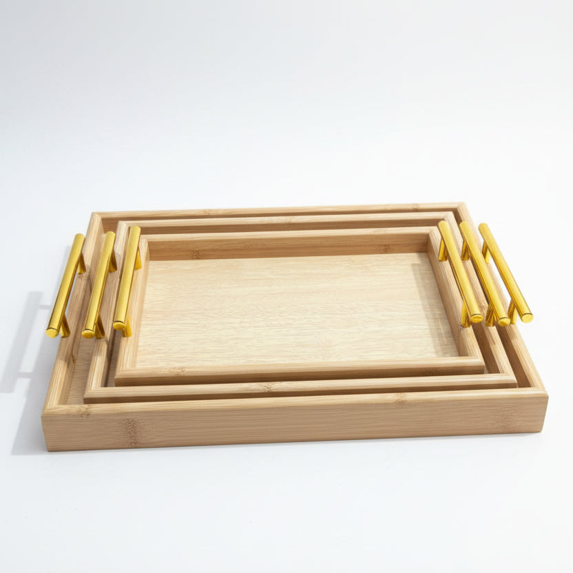 3-Piece Wooden Serving Tray Set with Metallic Gold Handles
