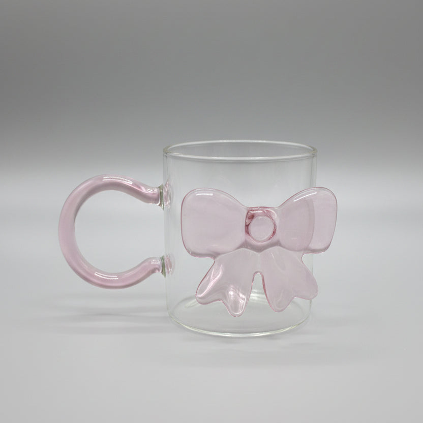3D Pink Ribbon Bow Glass Coffee Mug with Pink Handle