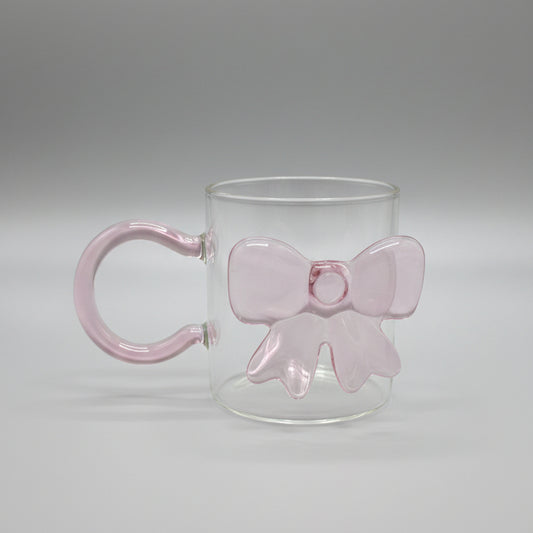 3D Pink Ribbon Bow Glass Coffee Mug with Pink Handle