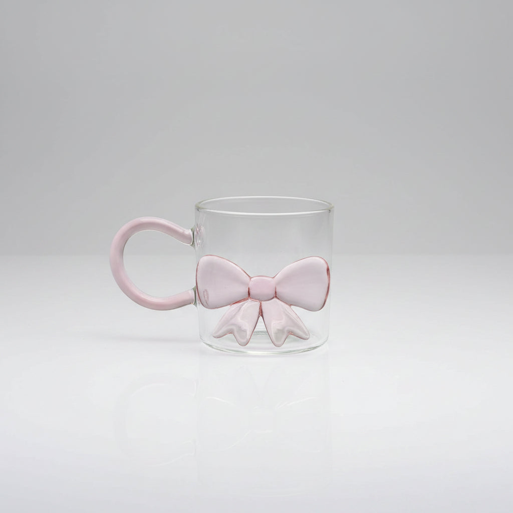 3D Pink Ribbon Bow Glass Coffee Mug with Pink Handle