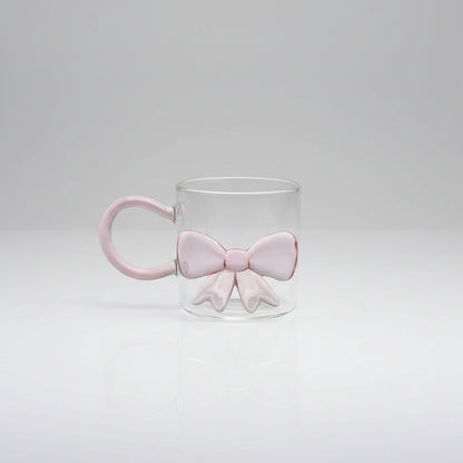 3D Pink Ribbon Bow Glass Coffee Mug with Pink Handle