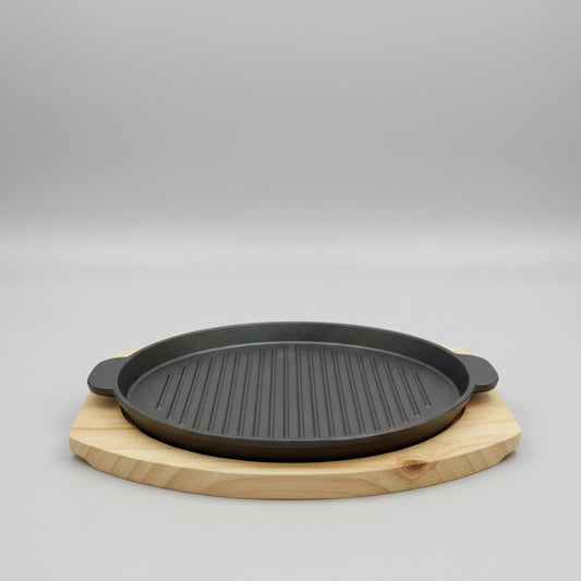 Cast Iron Round Sizzler Plate with Wooden Underliner Base