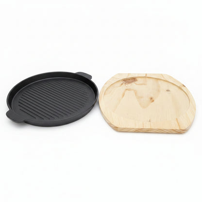 Cast Iron Round Sizzler Plate with Wooden Underliner Base