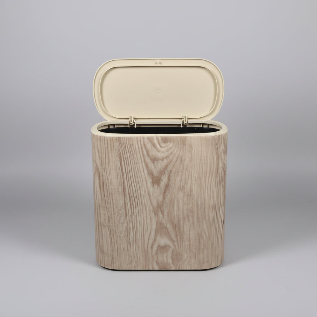 Modern Plastic Wood Grain Trash Can with Flip-Top Lid