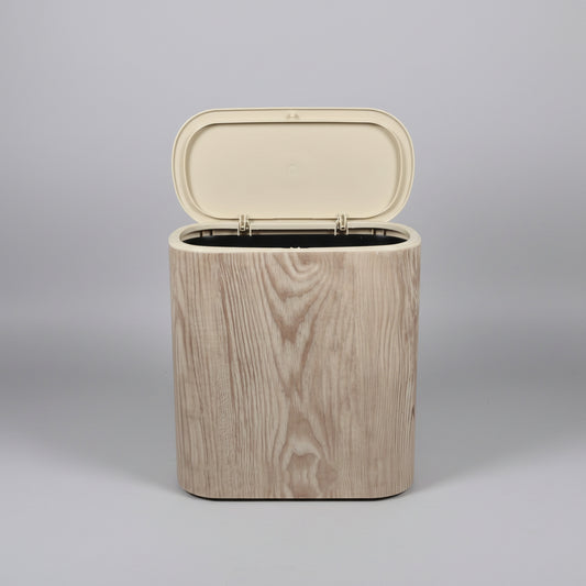 Modern Plastic Wood Grain Trash Can with Flip-Top Lid