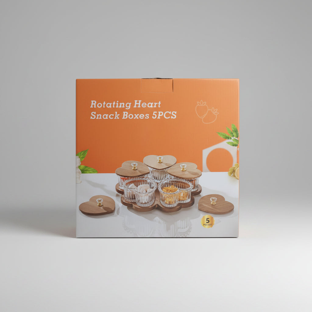5-Piece Rotating Heart-Shaped Glass Snack Tray Set with Wooden Lids