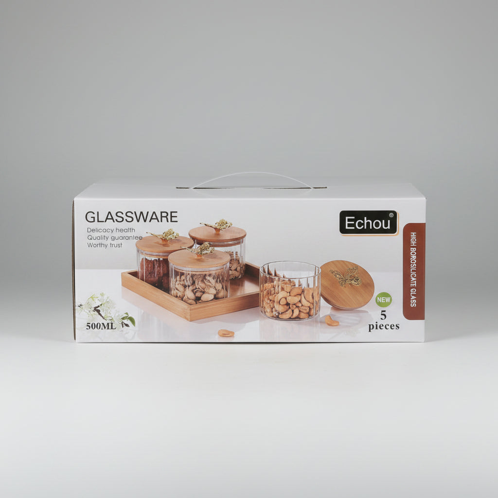 Echou 5-Piece High Borosilicate Glass Jar Set with Wooden Tray & Golden Butterfly Lids