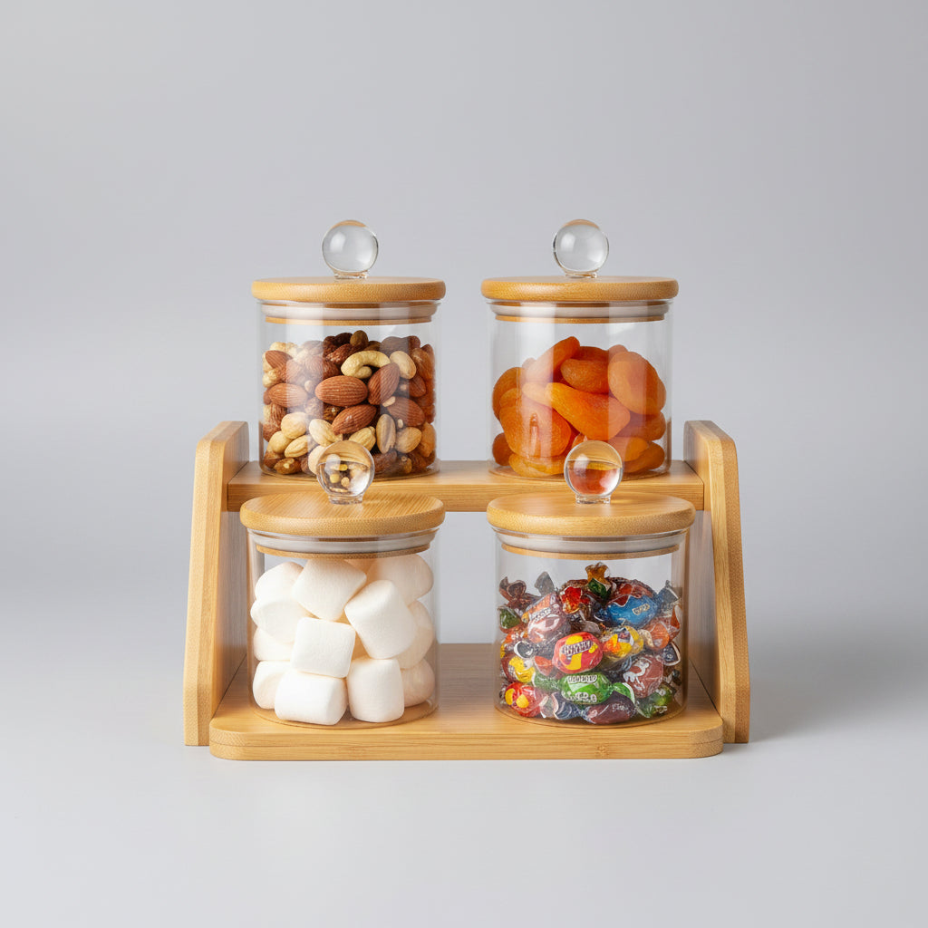 4-Piece Glass Spice & Snack Jar Set with Wooden Tiered Stand & Crystal Knob Lids