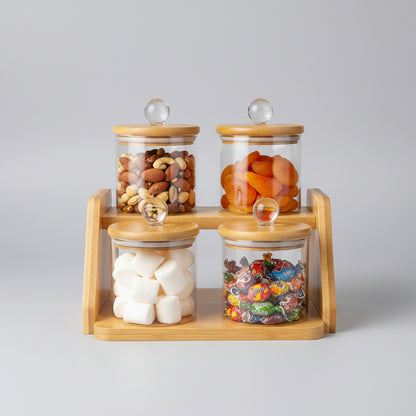 4-Piece Glass Spice & Snack Jar Set with Wooden Tiered Stand & Crystal Knob Lids