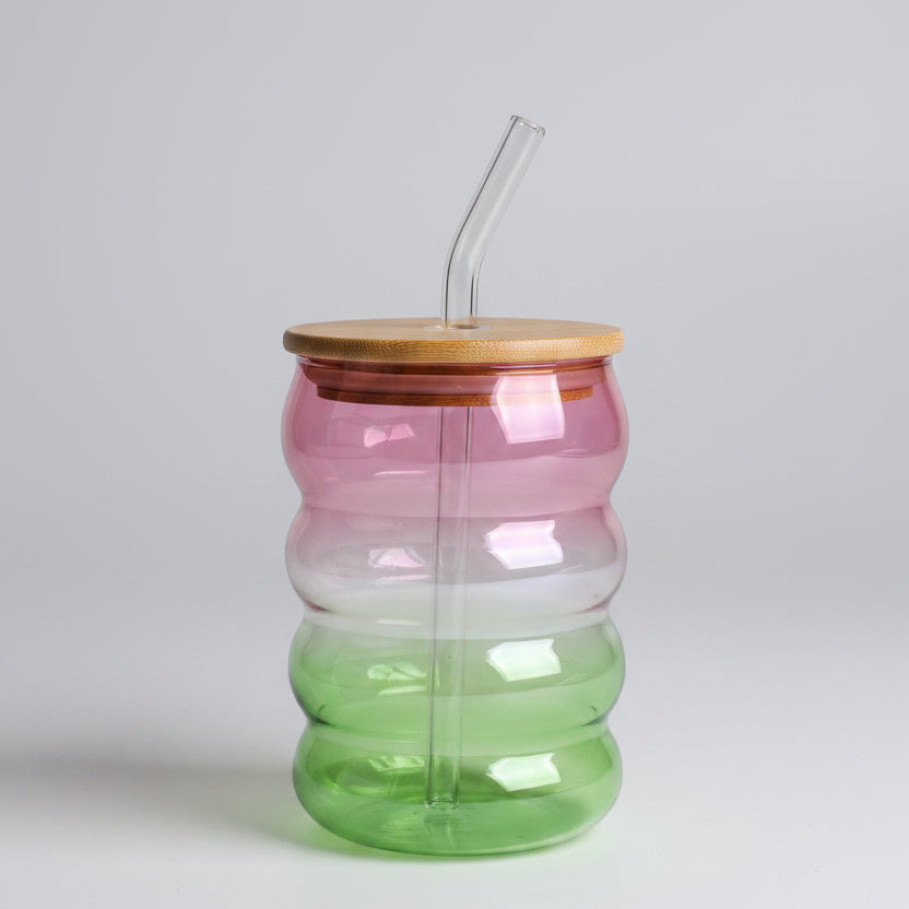 Echou 500ml Origami Ripple Glass Tumbler with Bamboo Lid & Glass Straw