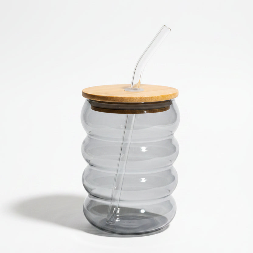 Echou 500ml Origami Ripple Glass Tumbler with Bamboo Lid & Glass Straw