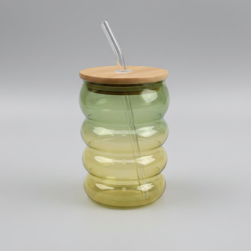 Echou 500ml Origami Ripple Glass Tumbler with Bamboo Lid & Glass Straw