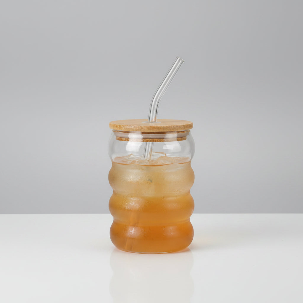 Echou 500ml Origami Ripple Glass Tumbler with Bamboo Lid & Glass Straw