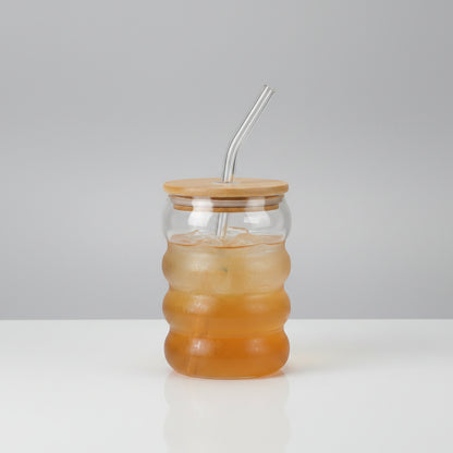 Echou 500ml Origami Ripple Glass Tumbler with Bamboo Lid & Glass Straw