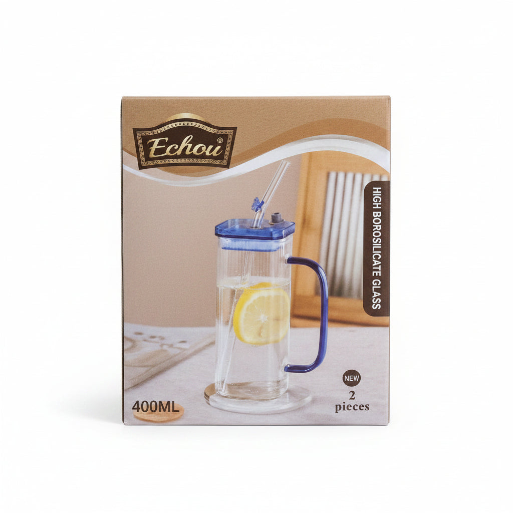 Echou 2-Piece High Borosilicate Glass Sipper Tumbler Set with Lid & Straw