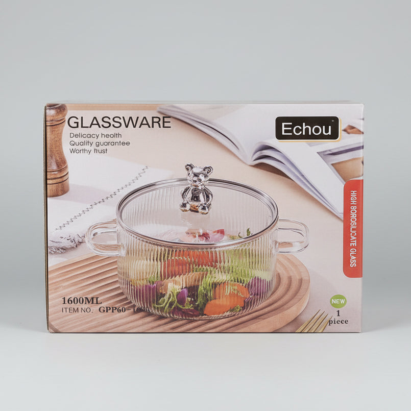 Echou Ribbed High Borosilicate Glass Serving Bowl with Golden Deer Lid Handle