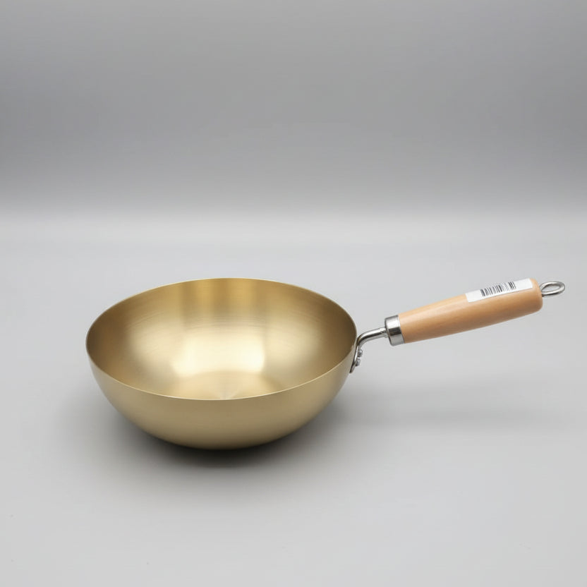 Korean Style Golden Stainless Steel Wok Pan with Wooden Handle