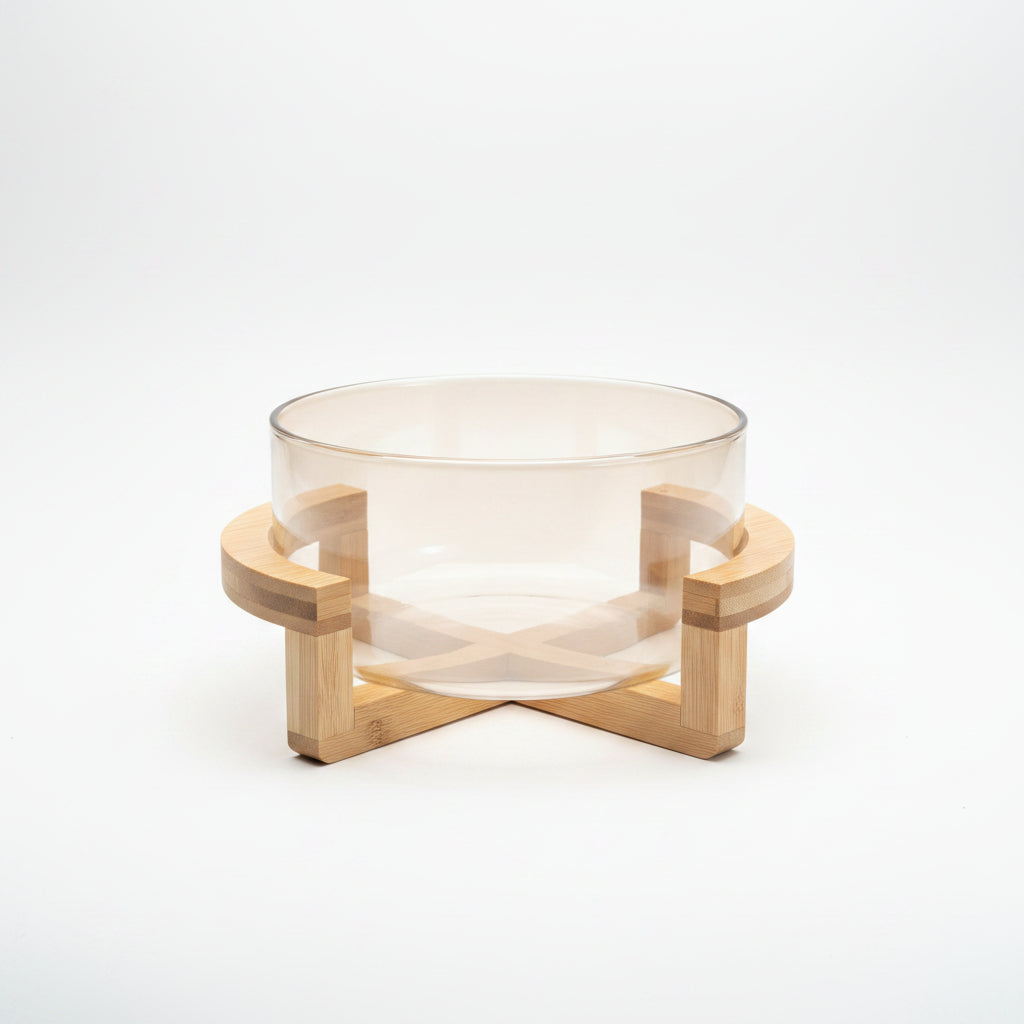 Premium Glass Serving Bowl with Wooden Stand For Fruit & Salad