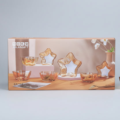 Jiajia Gift 7-Piece Amber Star-Shaped Glass Bowl & Plate Serving Set