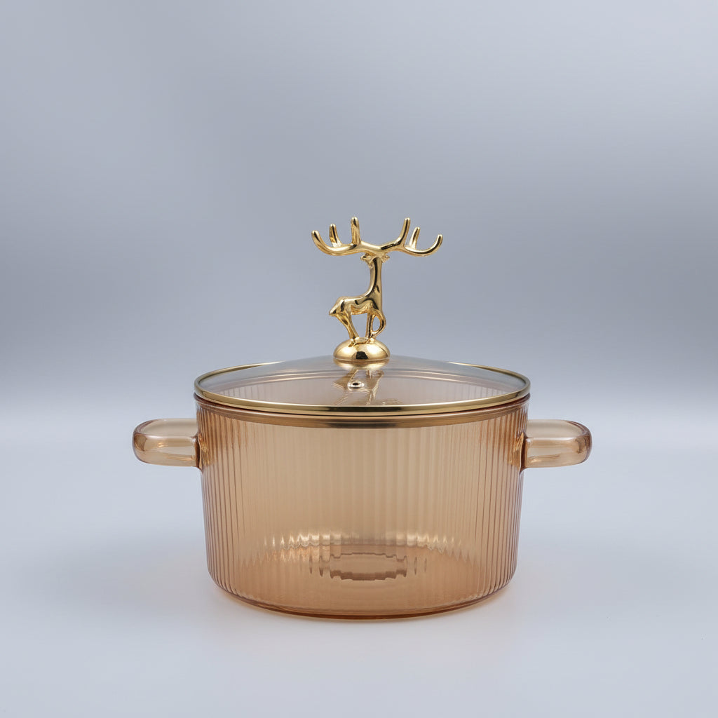 Echou Ribbed High Borosilicate Glass Serving Bowl with Golden Deer Lid Handle