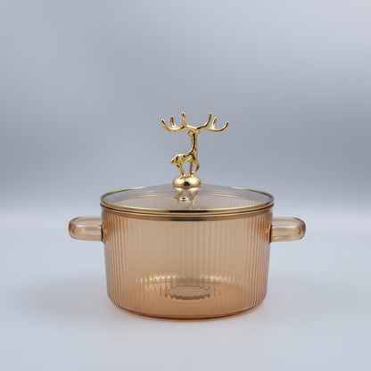 Echou Ribbed High Borosilicate Glass Serving Bowl with Golden Deer Lid Handle