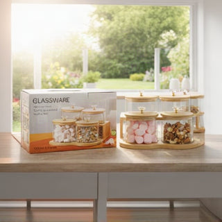4-Piece Glass Spice & Snack Jar Set with Wooden Tiered Stand & Crystal Knob Lids