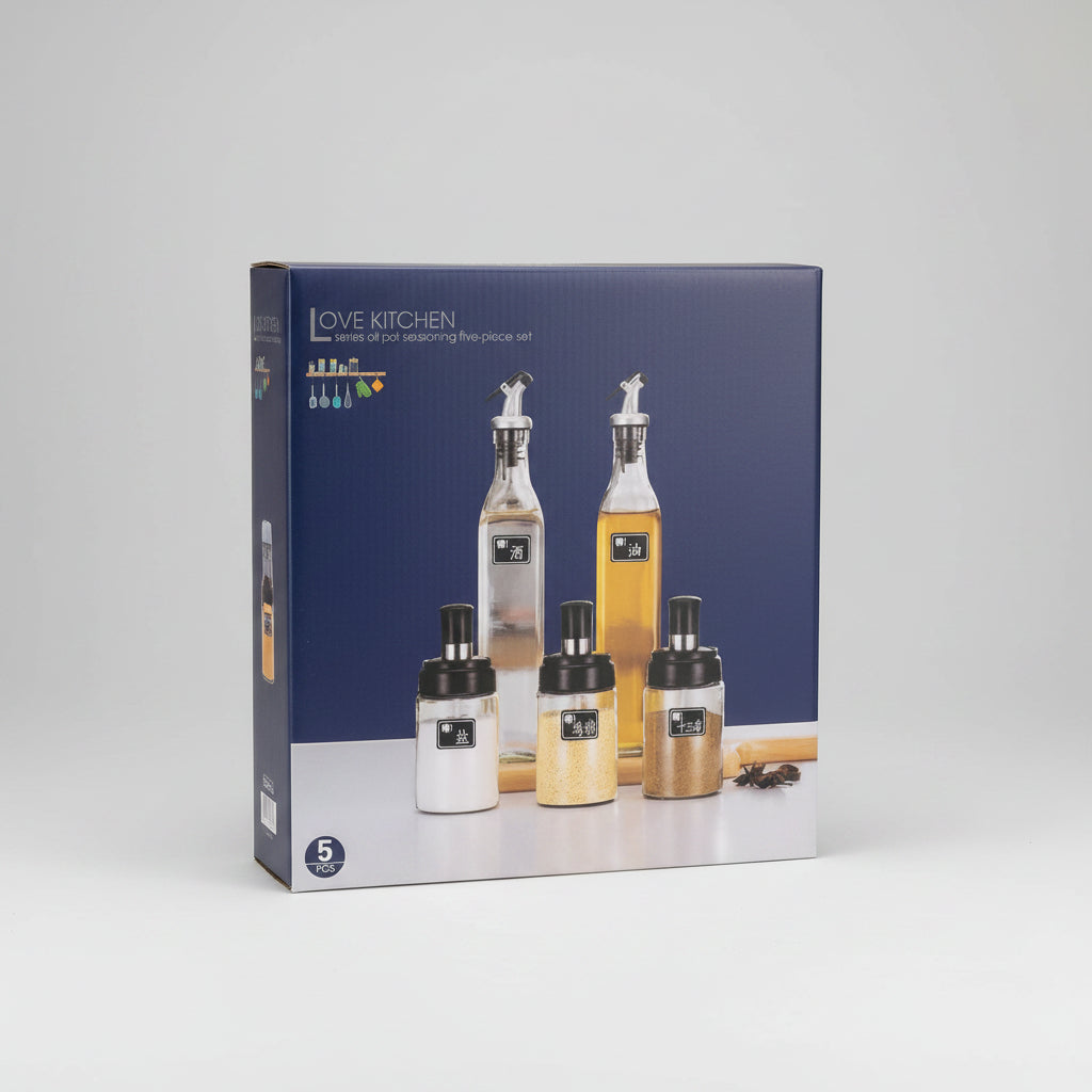 Glass Oil & Spice Dispenser Set – 5 Pieces
