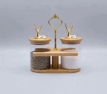Luxury 2-Piece Glass Seasoning Jar Set with Wooden Stand & Golden Deer Accent